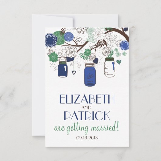 青と緑のフローラメイソンJars RSVPの結婚カード 出欠カード (裏面)