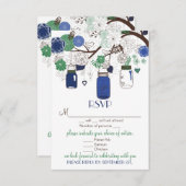 青と緑のフローラメイソンJars RSVPの結婚カード 出欠カード (正面/裏面)