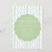 青と緑のフローラヴィンテージベビーシャワー 招待状 (正面/裏面)