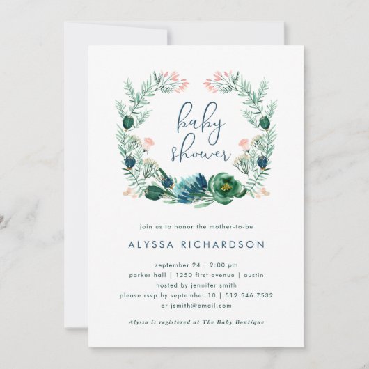 青と緑のフローラ水彩|ベビーシャワー 招待状 (正面)