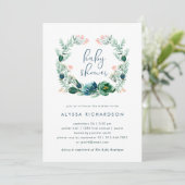 青と緑のフローラ水彩|ベビーシャワー 招待状 (スタンド正面)
