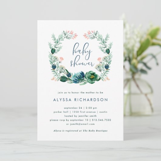 青と緑のフローラ水彩|ベビーシャワー 招待状 (スタンド正面)