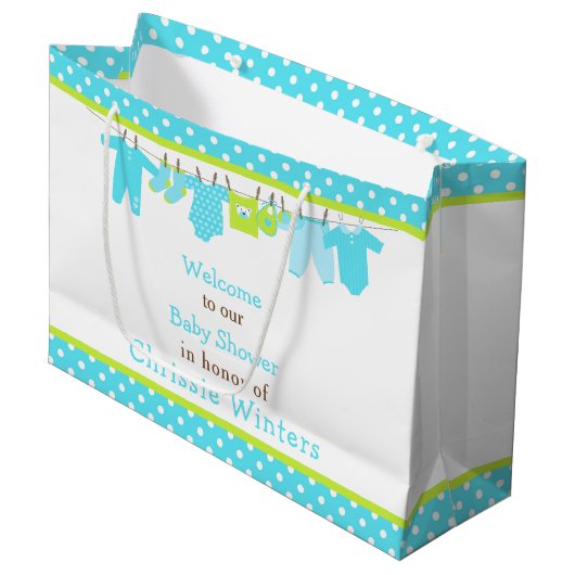 青と緑のベビーライン赤ちゃんシャワーポスター ラージペーパーバッグ (正面アングル)