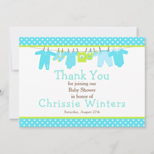 青と緑のベビーライン赤ちゃんシャワー サンキューカード (正面)