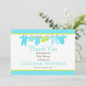 青と緑のベビーライン赤ちゃんシャワー サンキューカード (スタンド正面)