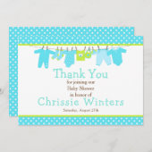 青と緑のベビーライン赤ちゃんシャワー サンキューカード (正面/裏面)