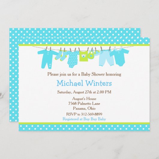 青と緑のベビーライン赤ちゃんシャワー 招待状 (正面/裏面)
