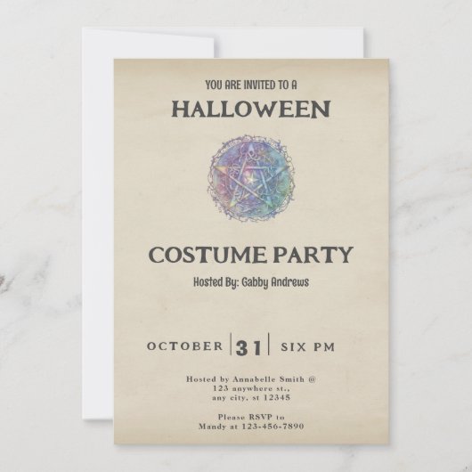 青と緑のペンタグラムヴィンテージハロウィーン 招待状 (正面)