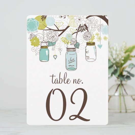 青と緑のメイソンジャー テーブルナンバーカード 招待状 (スタンド正面)