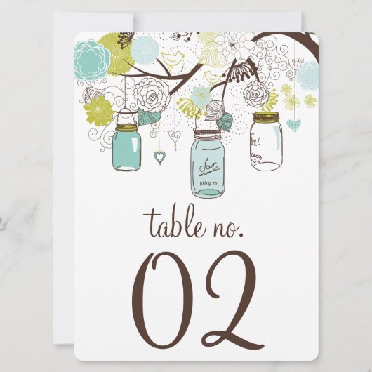 青と緑のメイソンジャー テーブルナンバーカード 招待状 (正面)