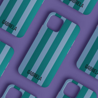 青と緑のレトロストライプスクリプト名かわいい iPhone 12ケース