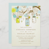 青と緑のヴィンテージつるのメイスン・結婚ジャース 招待状 (正面/裏面)