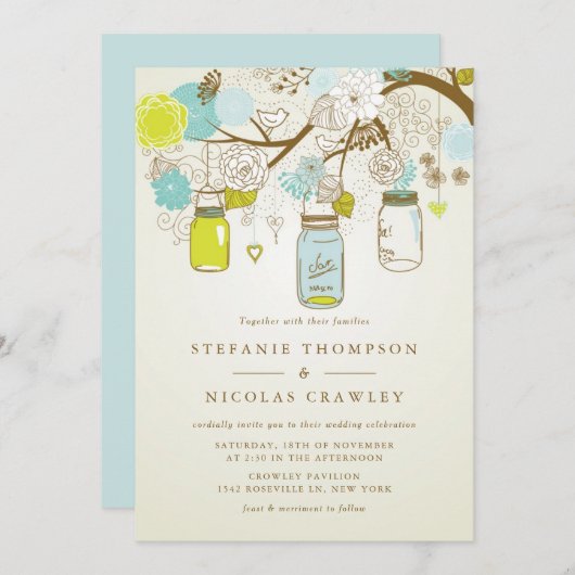 青と緑のヴィンテージつるのメイスン・結婚ジャース 招待状 (正面/裏面)