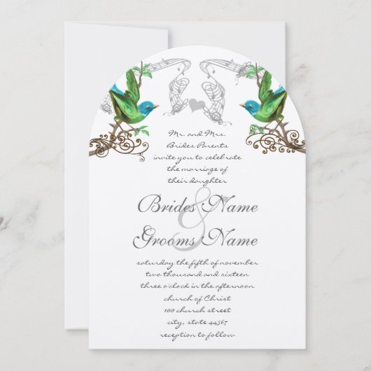 青と緑のヴィンテージの鳥の結婚式の招待 招待状 (正面)