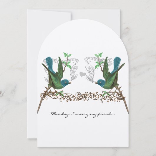 青と緑のヴィンテージの鳥の結婚式の招待 招待状 (裏面)