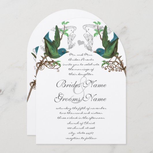 青と緑のヴィンテージの鳥の結婚式の招待 招待状 (正面/裏面)