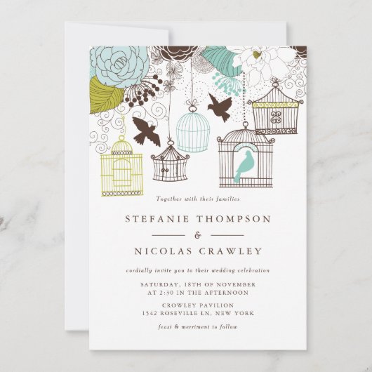 青と緑のヴィンテージバードケージズ結婚フローラ 招待状 (正面)