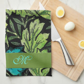 青と緑のヴィンテージフローラモノグラム キッチンタオル (四つ折り)