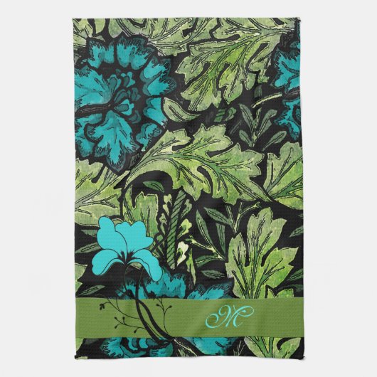 青と緑のヴィンテージフローラモノグラム キッチンタオル (縦)