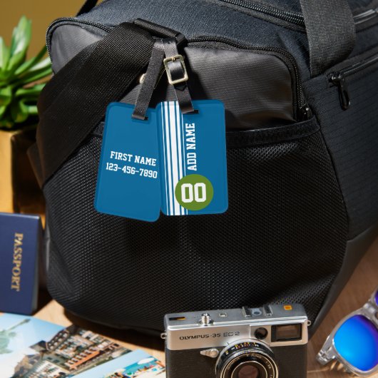 青と緑のヴィンテージレーシングストライプ ラゲッジタグ (正面&裏面)