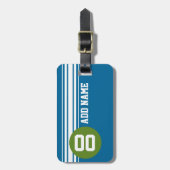 青と緑のヴィンテージレーシングストライプ ラゲッジタグ (正面縦)