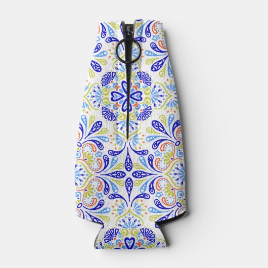 青と緑の万華鏡のように千変万化するパターンパターン ボトルクーラー (裏面)