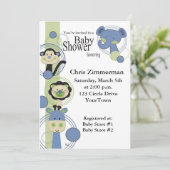 青と緑の動物たちが少年のためのベビーシャワー 招待状 (スタンド正面)