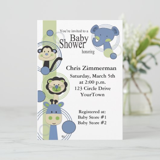 青と緑の動物たちが少年のためのベビーシャワー 招待状 (スタンド正面)