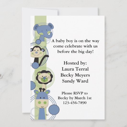 青と緑の動物たちが少年のためのベビーシャワー 招待状 (裏面)