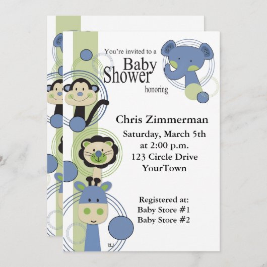 青と緑の動物たちが少年のためのベビーシャワー 招待状 (正面/裏面)