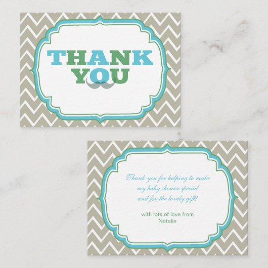 青と緑の口ひげ赤ちゃんシャワーありがとう エンクロージャーカード (正面/裏面)