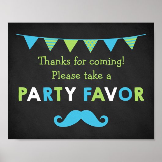 青と緑の口ひげ黒板パーティーのお願い ポスター (正面)