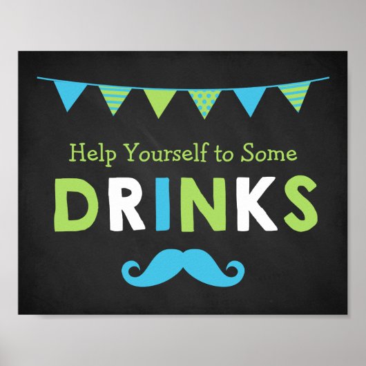 青と緑の口ひげ黒板ベビーシャワー ポスター (正面)