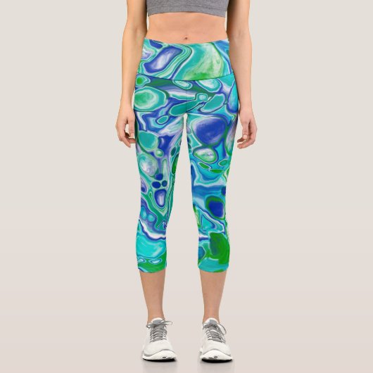 青と緑の大理石の流体アート抽象芸術 カプリレギンス (正面)