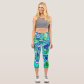 青と緑の大理石の流体アート抽象芸術 カプリレギンス (正面)