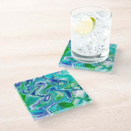 青と緑の大理石の流体アート抽象芸術 ガラスコースター (アングル)