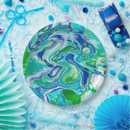 青と緑の大理石の流体アート抽象芸術 ペーパープレート (パーティー)
