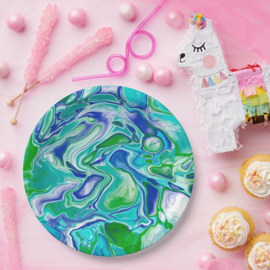 青と緑の大理石の流体アート抽象芸術 ペーパープレート (パーティー)