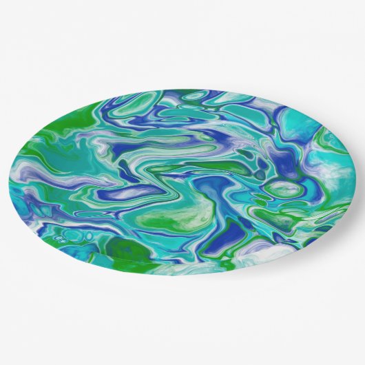 青と緑の大理石の流体アート抽象芸術 ペーパープレート (アングル)