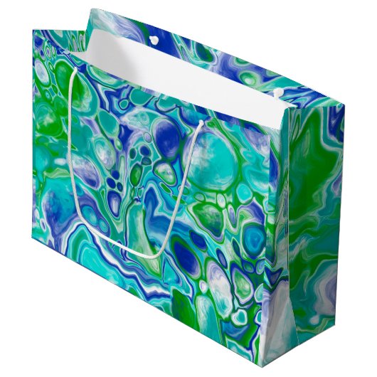 青と緑の大理石の流体アート抽象芸術 ラージペーパーバッグ (正面アングル)