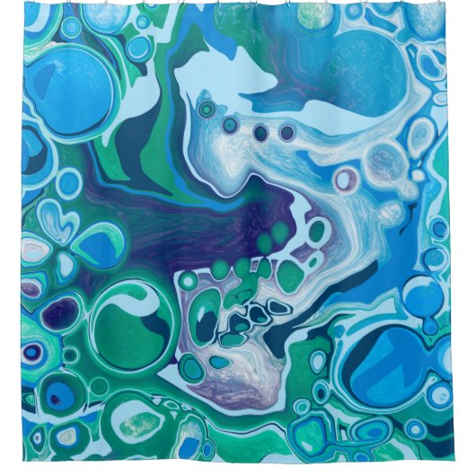 青と緑の大理石の流体アート シャワーカーテン (正面)
