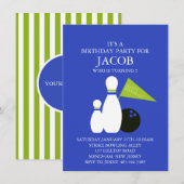 青と緑の子供ボウリングパーティー誕生日招待状 招待状 (正面/裏面)