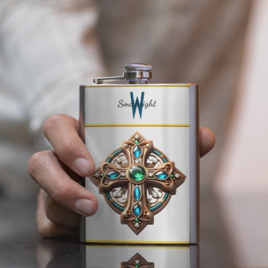 青と緑の宝石を持つ神秘的なクロスブルック フラスク