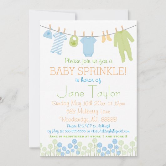 青と緑の小さな服ベビースプリンクル 招待状 (正面)