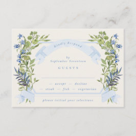 青と緑の庭の紋章のリースの結婚式RSVP 招待状