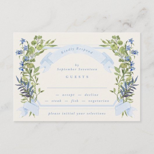 青と緑の庭の紋章のリースの結婚式RSVP 招待状 (正面)