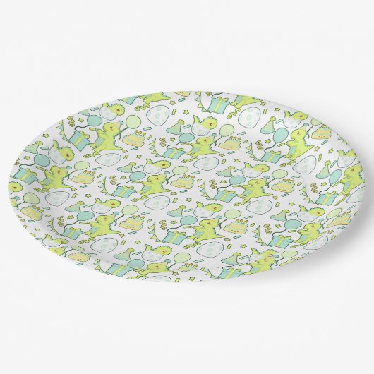 青と緑の恐竜誕生日 ペーパープレート (アングル)