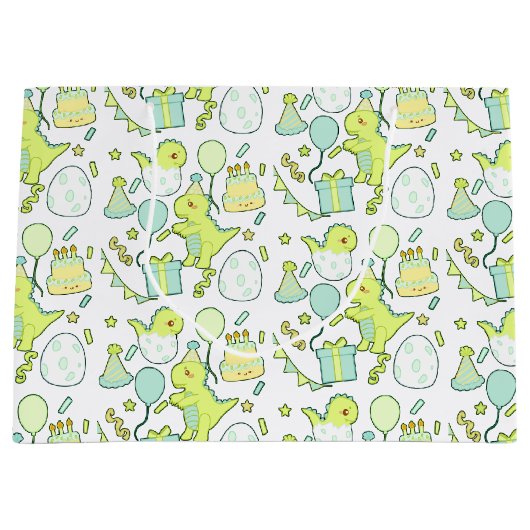 青と緑の恐竜誕生日 ラージペーパーバッグ (正面)