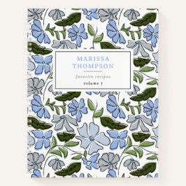 青と緑の手描きフローラブロックプリントレシピ ノートブック