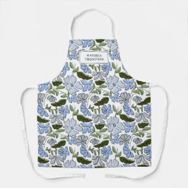 青と緑の手描きフローラブロックプリント エプロン